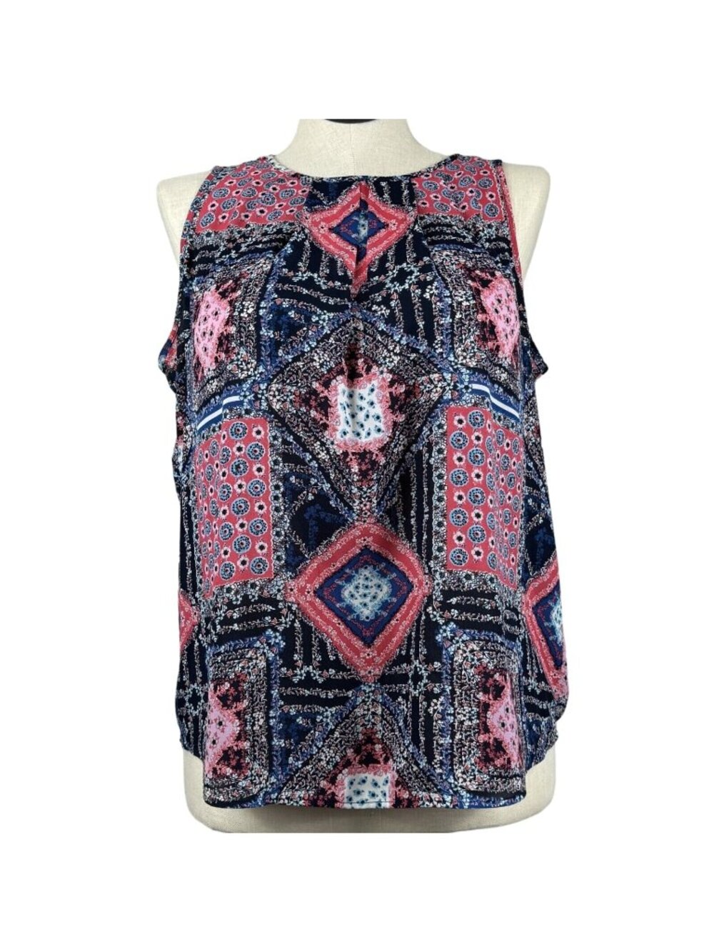 DR2 Sleeveless Geometric Print Blouse Large Multicolor Keyhole Back Lightweight